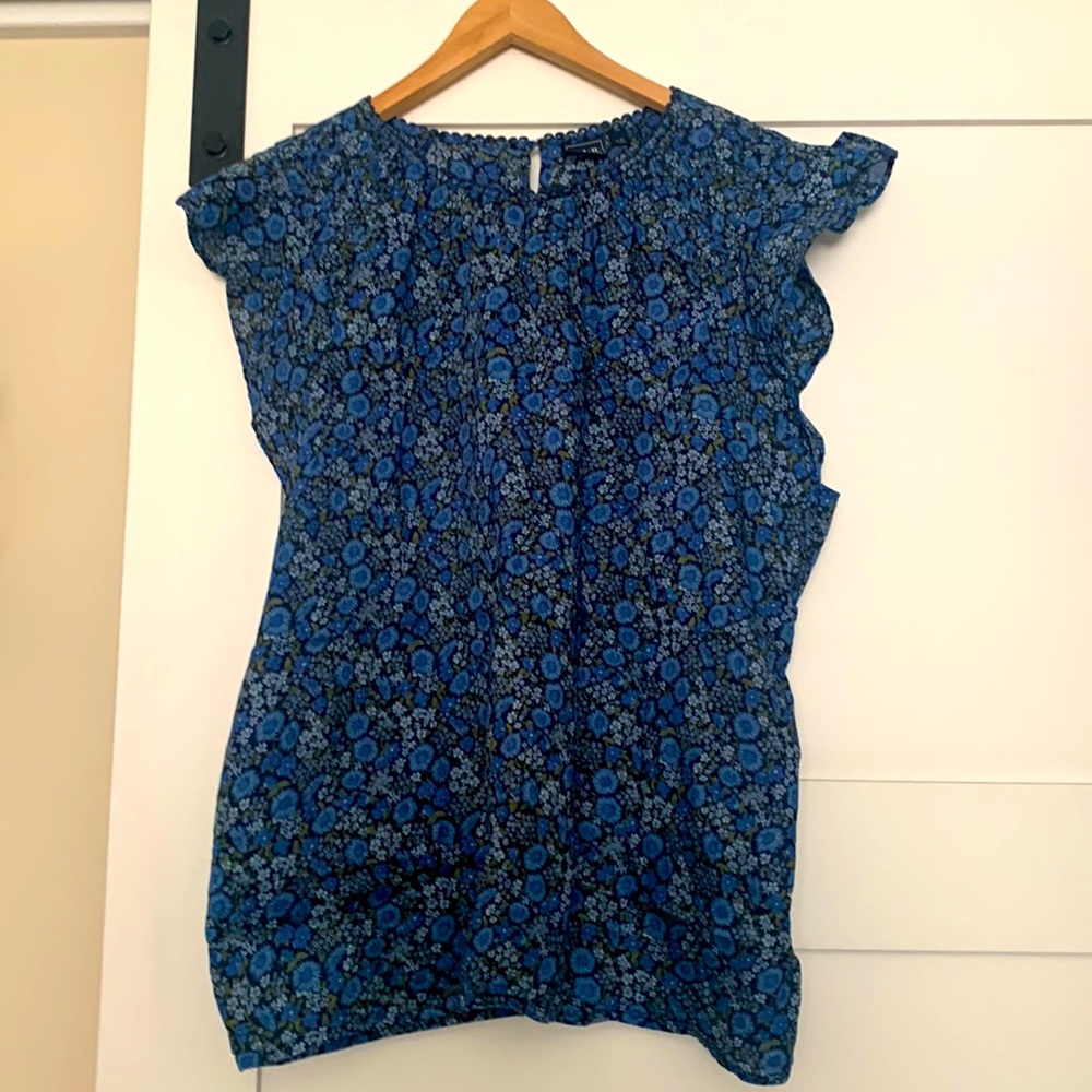 Gap floral coneflower print Cotton ruffle cap sleeve blouse XL dark blue